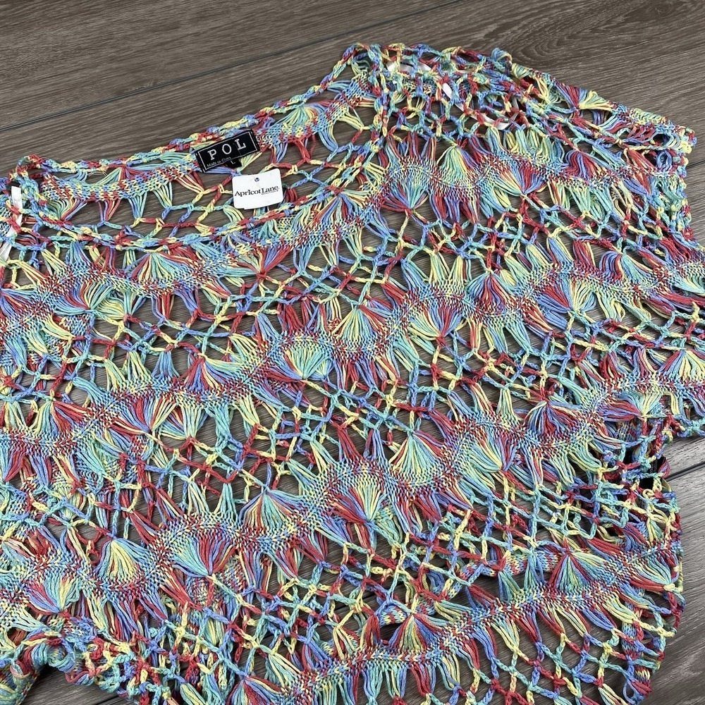 POL Women's Cotton Blend Boxy Short Sleeve Crochet Top‎ Multicolor Large
